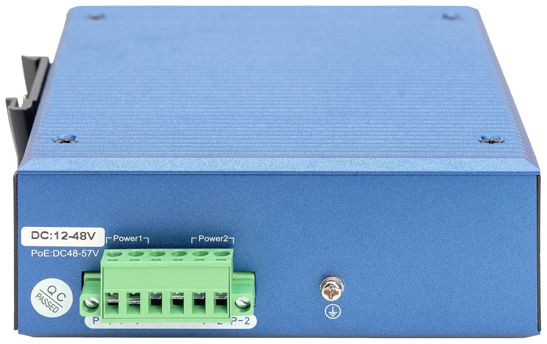 Blauw elektronisch apparaat met groene aansluitstrip en label 'DC:12-48V'. Apparaat voor PoE- en stroomvoorzieningsdoeleinden.