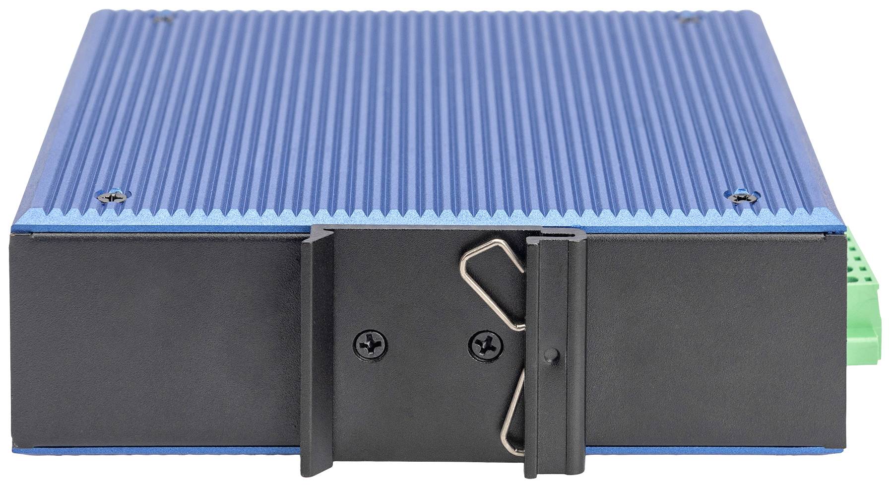 Een vierkant, blauw elektronisch apparaat met zwarte klemmen aan één kant, waarschijnlijk een server of router.