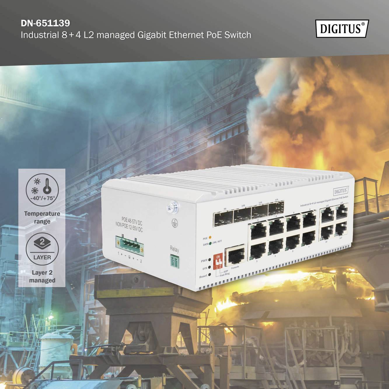 Industriële Gigabit-Ethernet-PoE-switch met 8+4 poorten voor fabriekromgeving, geschikt voor temperatuurbereik -40°C tot 75°C, Layer 2.