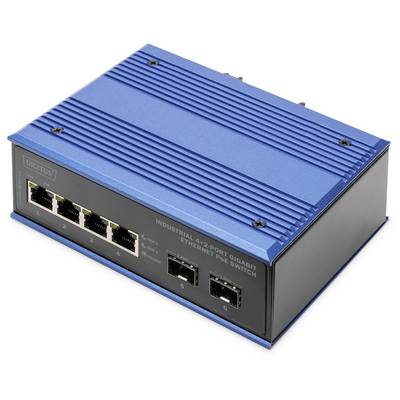 Blauwe industriële 6-poorts Gigabit Ethernet PoE-switch met vier RJ-45-poorten en twee extra aansluitingen aan de voorzijde.