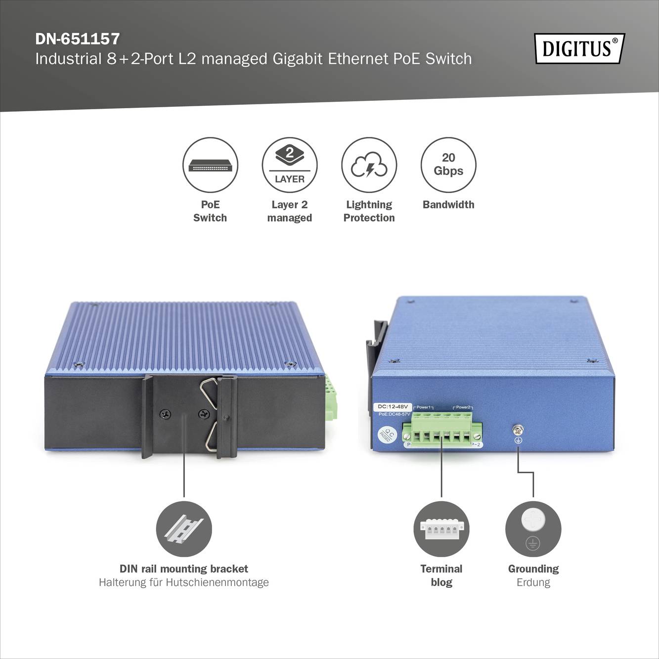 Industriële Gigabit Ethernet PoE Switch, 8+2 poorten, DIN- en DIN-railmontage, 20 Gbps bandbreedte, Layer 2-beheer.