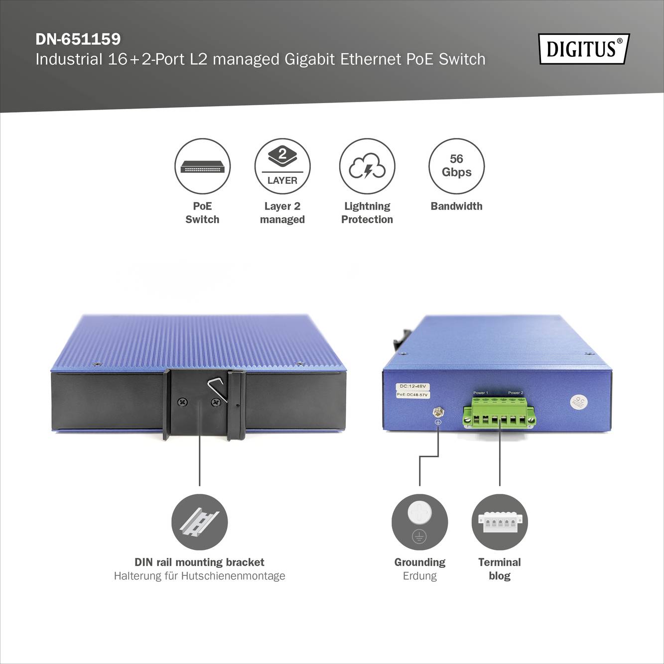 'Functionele beschrijving van een industriële, L2-beheerde PoE-switch met 16+2 poorten. Biedt 60 Gbps, bliksembeveiliging en DIN-railmontage.'