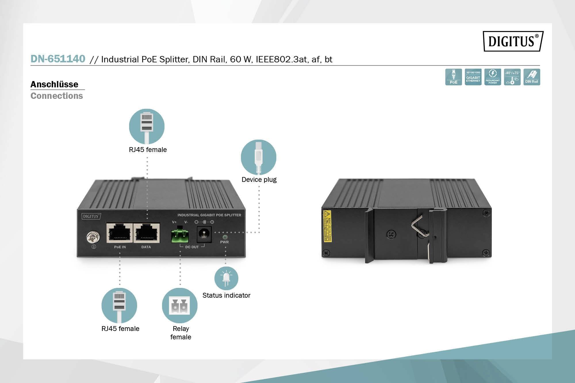 'DN-651140 Industriële PoE Splitter, DIN-Rail 60W IEEE802.3at' wordt weergegeven met aansluitingen en statusweergave. Links RJ45-poorten.