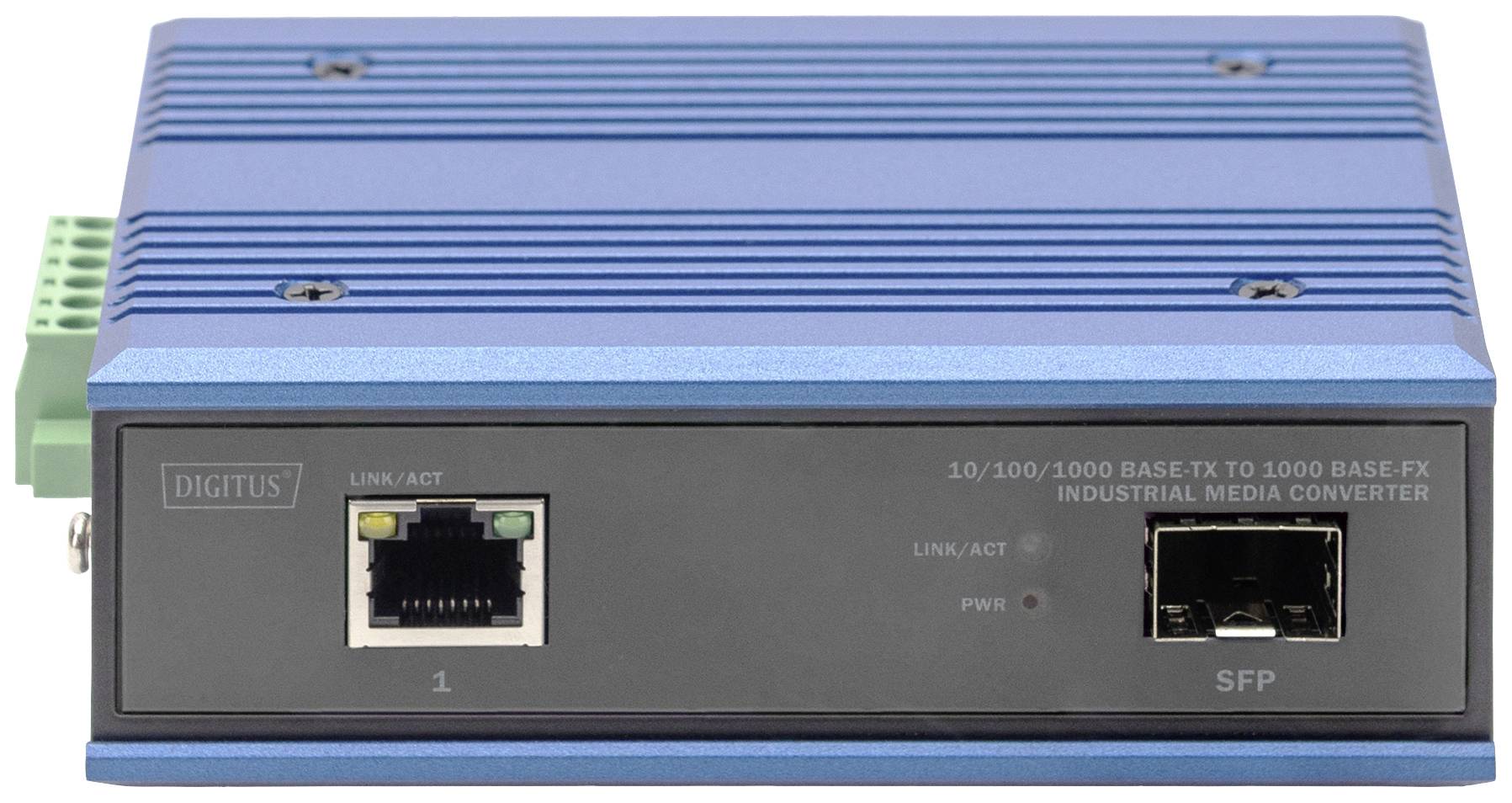 Een blauwe industriële media converter met meerdere netwerkpoorten, waaronder een Ethernet-poort en een SFP-poort, tegen een neutrale achtergrond.
