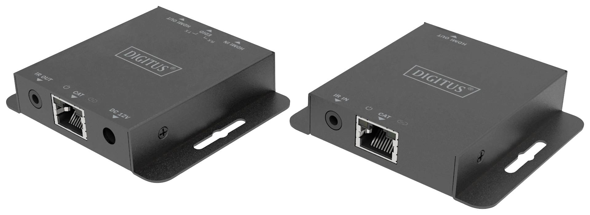 Twee zwarte netwerkaansluitingen met Ethernet- en netwerkaansluitingen, elk voorzien van het opschrift 'Digitus' aan de bovenkant.