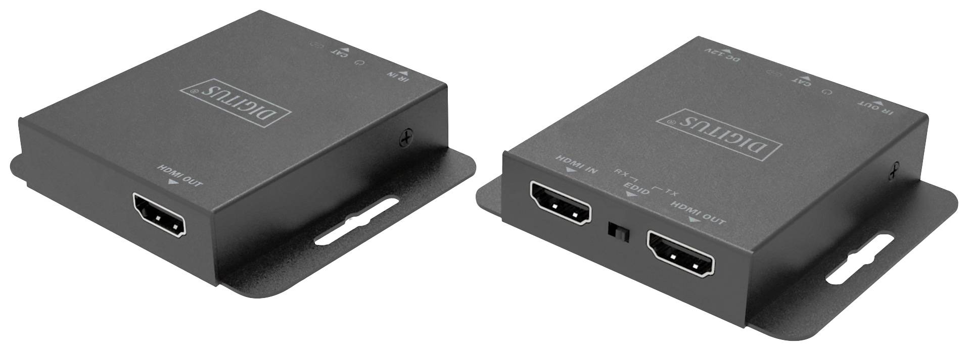 Twee zwarte digitale HDMI-signaalversterkers met meerdere aansluitingen op een witte oppervlakte. Ze zijn ontworpen voor het aansluiten van elektronische apparaten.