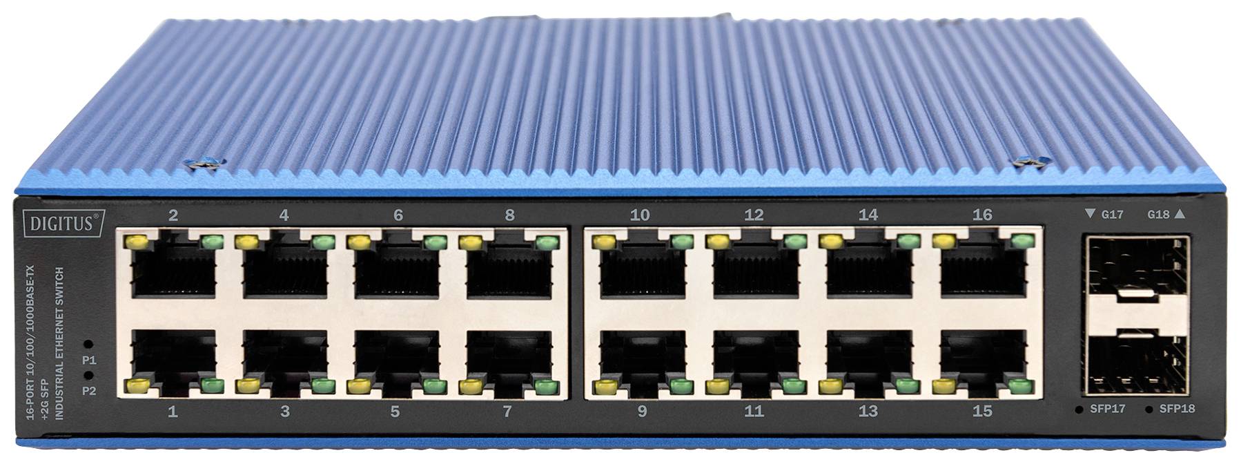Industriële netwerk-switch met 16 Ethernet-poorten en 2 SFP-poorten voor glasvezelverbindingen. Geschikt voor ruige omgevingen.