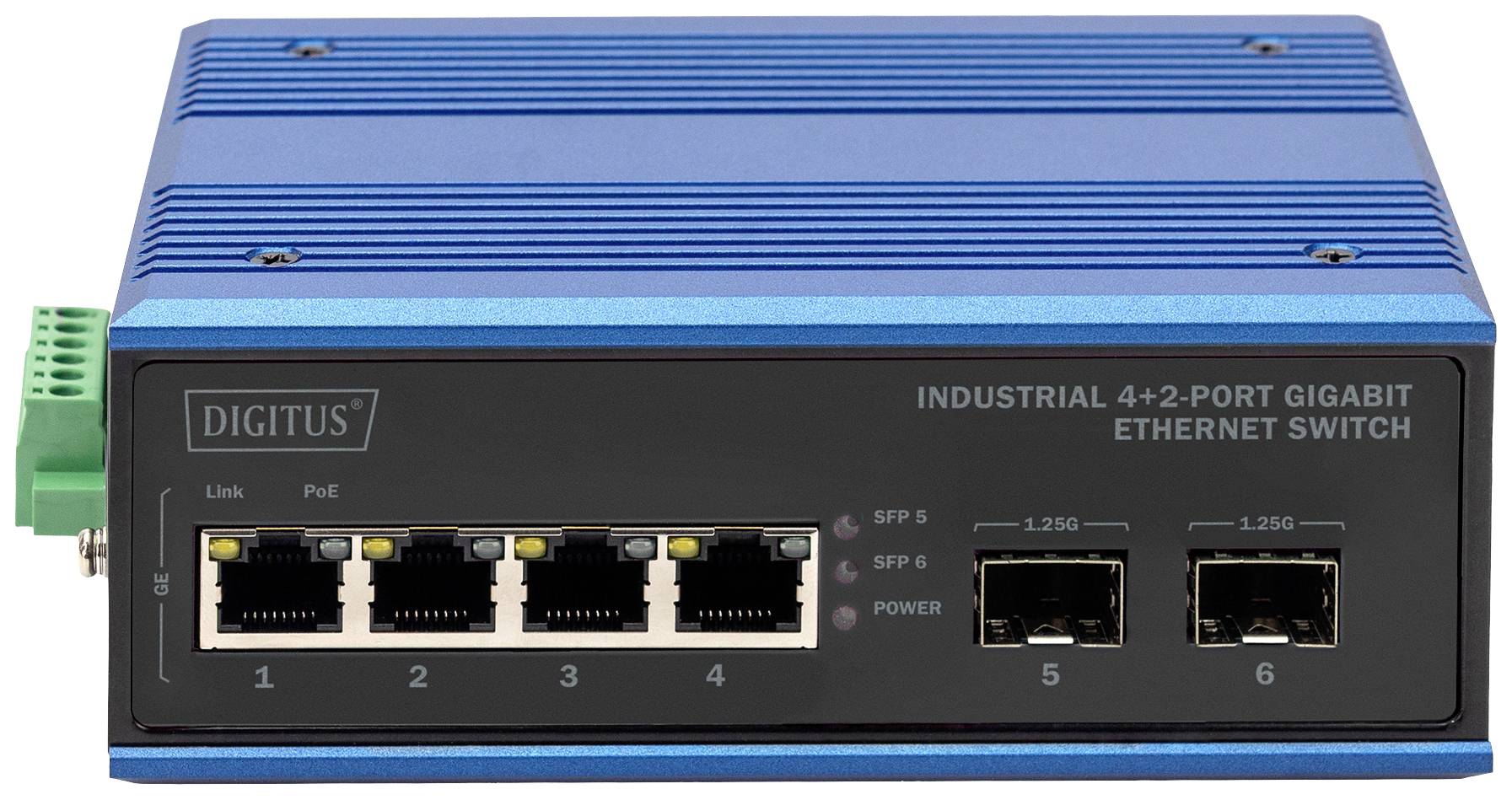Een blauwe industriële Ethernet-switch met 4 Gigabit-poorten en 2 SFP-poorten. Links bevindt zich een groene aansluitrail.