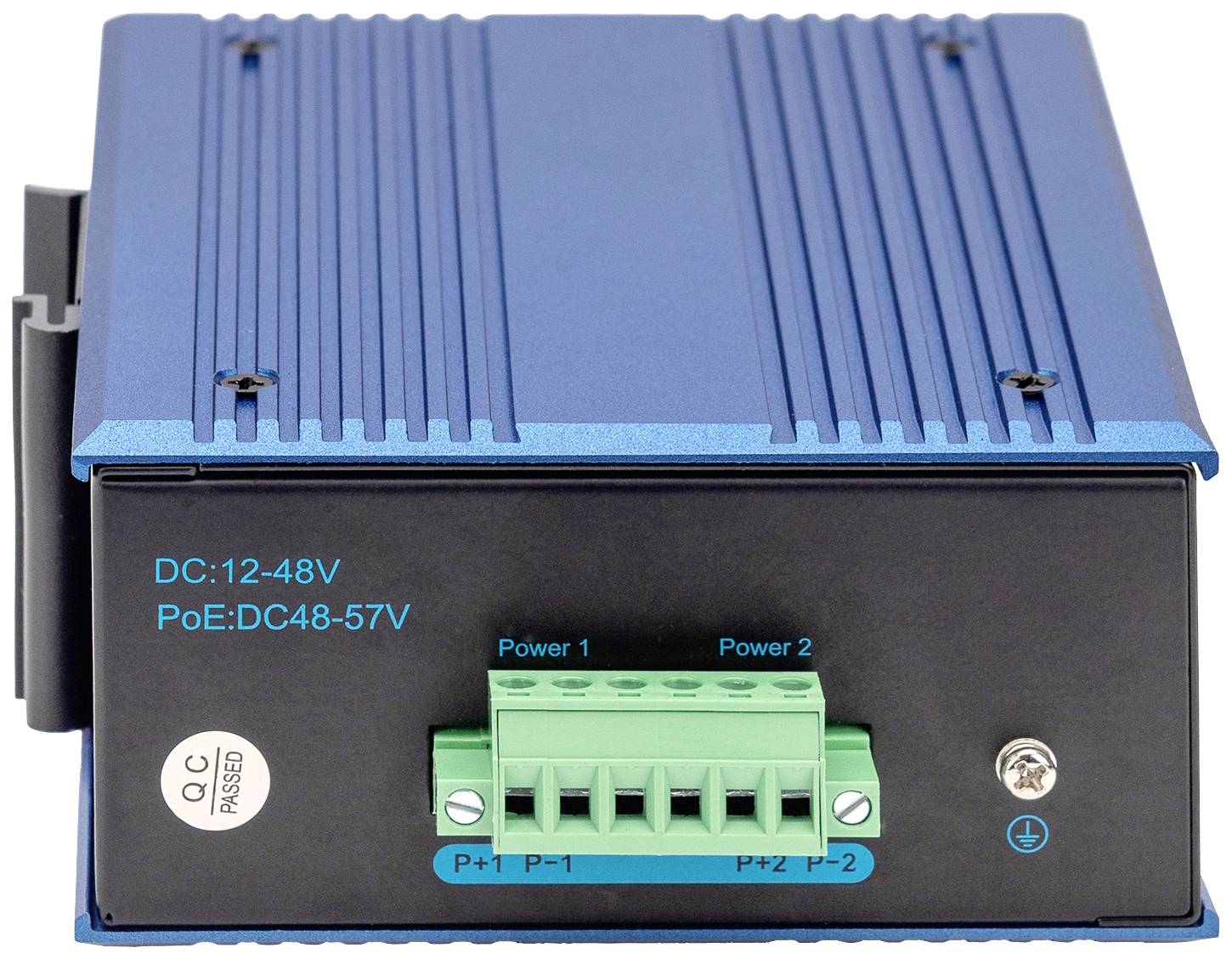 Een blauwe PoE-injector met aansluitingen aan de voorkant, inclusief groene stroomaansluitingen en spanningsaanduidingen.