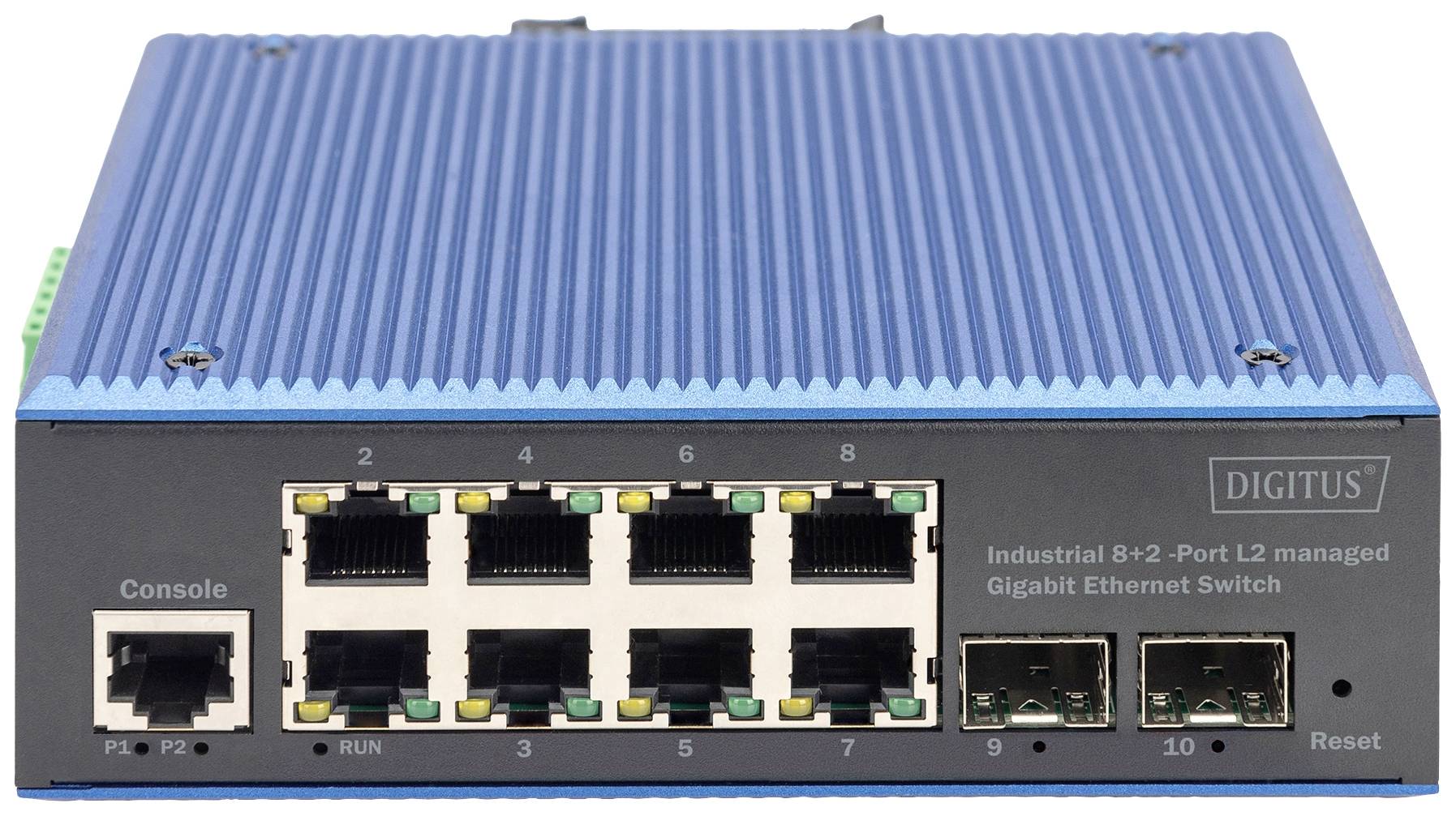 De industriële 8+2-poorts beheerde Gigabit Ethernet-switch van Digitus met blauwe metalen behuizing, tien Ethernet-poorten en resetknop.