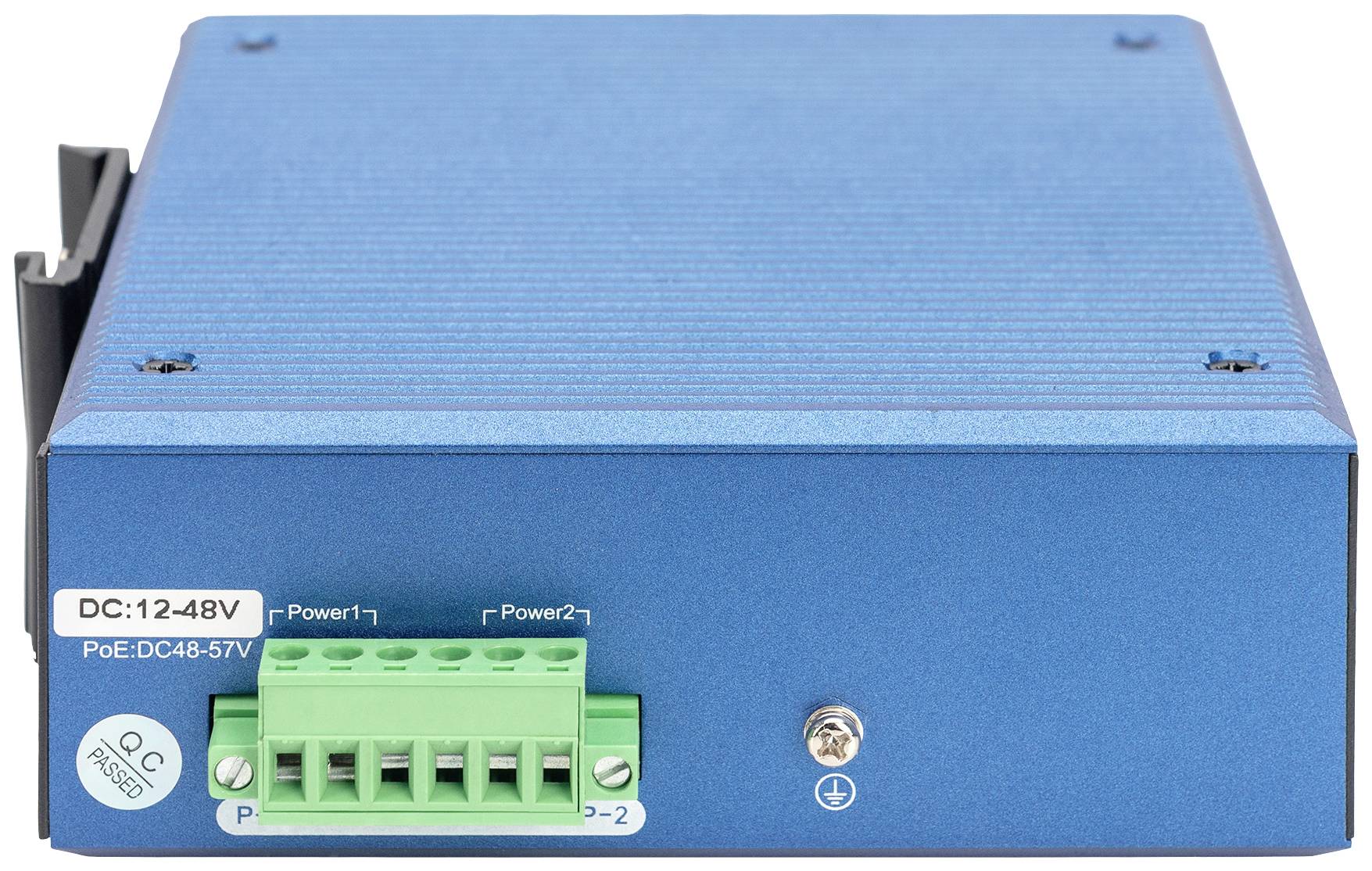 Een blauw elektronisch apparaat met groene aansluitingen aan de voorkant, voorzien van stickers met de tekstregel 'DC:12-48V' en 'PoE:DC48-57V'.