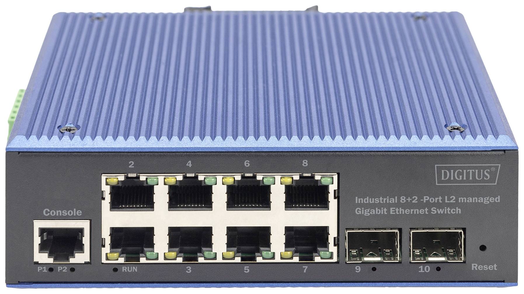 Een industriële 8+2-poorts L2 beheerde Gigabit Ethernet-switch met een blauwe behuizing. Toont aansluitingen en reset-schakelaar.