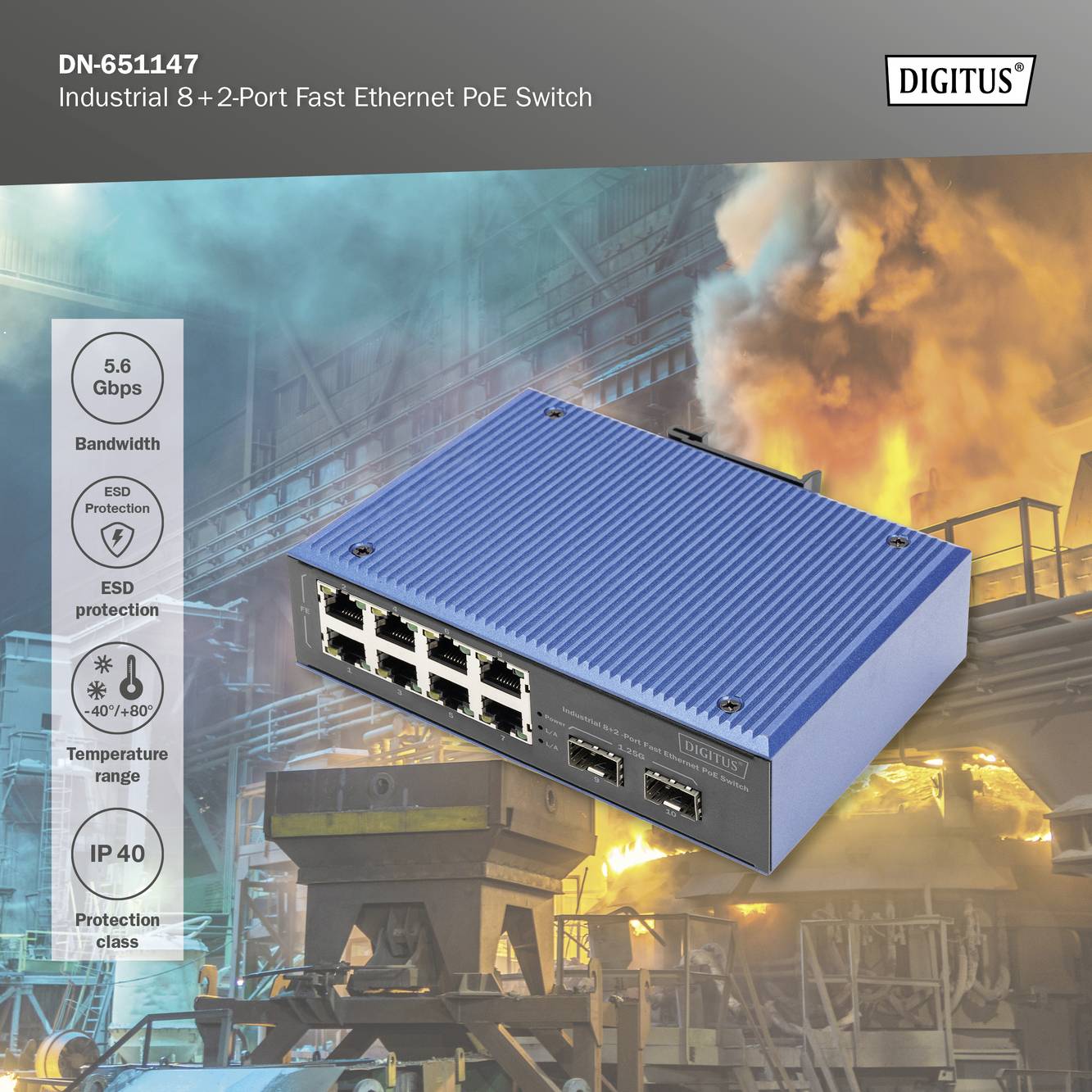 Industriële 8+2-poorts Fast Ethernet PoE Switch van DIGITUS, model DN-651147. Ondersteunt PoE, ESD-bescherming en temperatuurbereik van -40° tot 80°C.