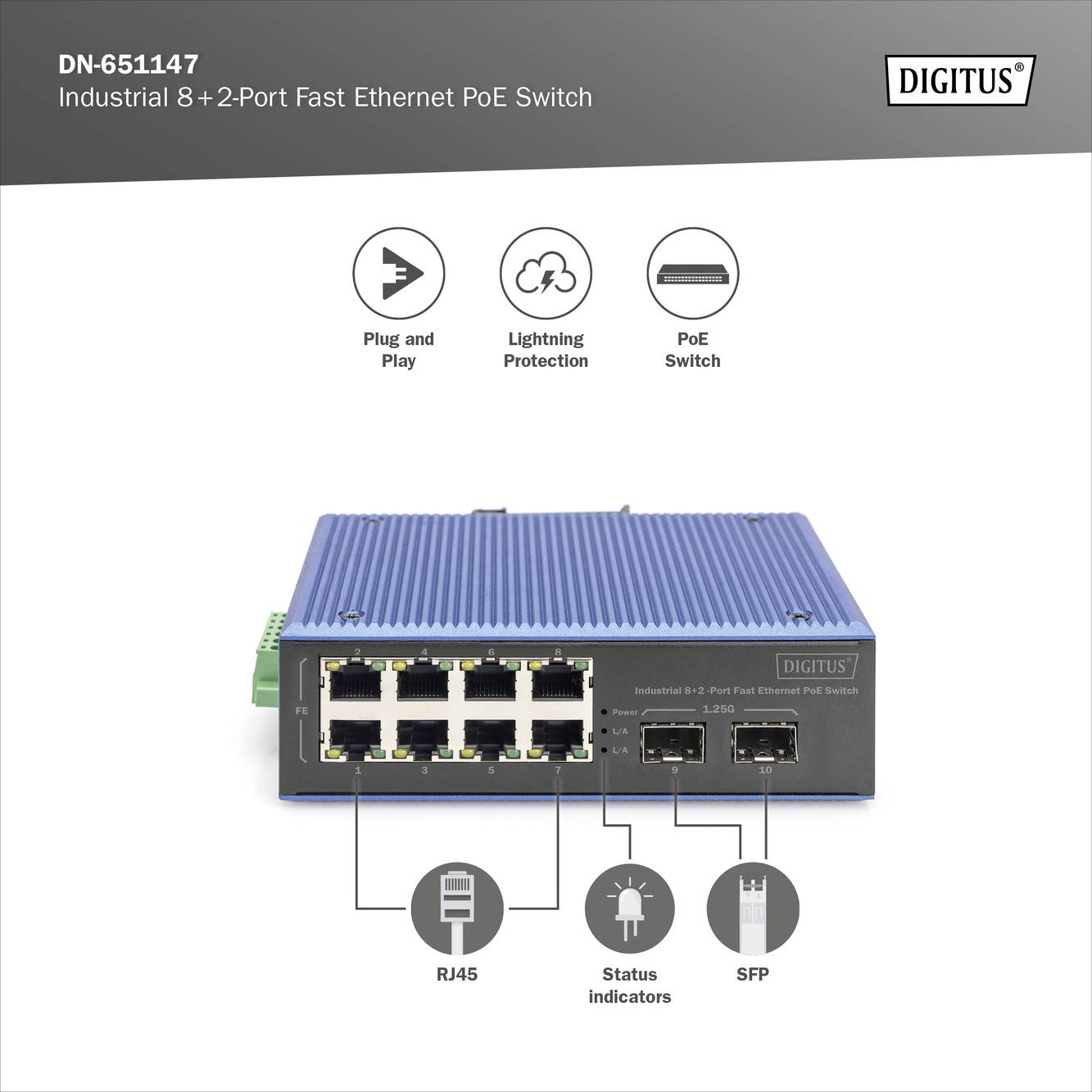 'Industriële 8+2-poorts Fast Ethernet PoE Switch. Bevat RJ45-poorten, statusindicatoren en SFP-aansluitingen. Biedt Plug-and-Play, bliksembeveiliging en PoE.'