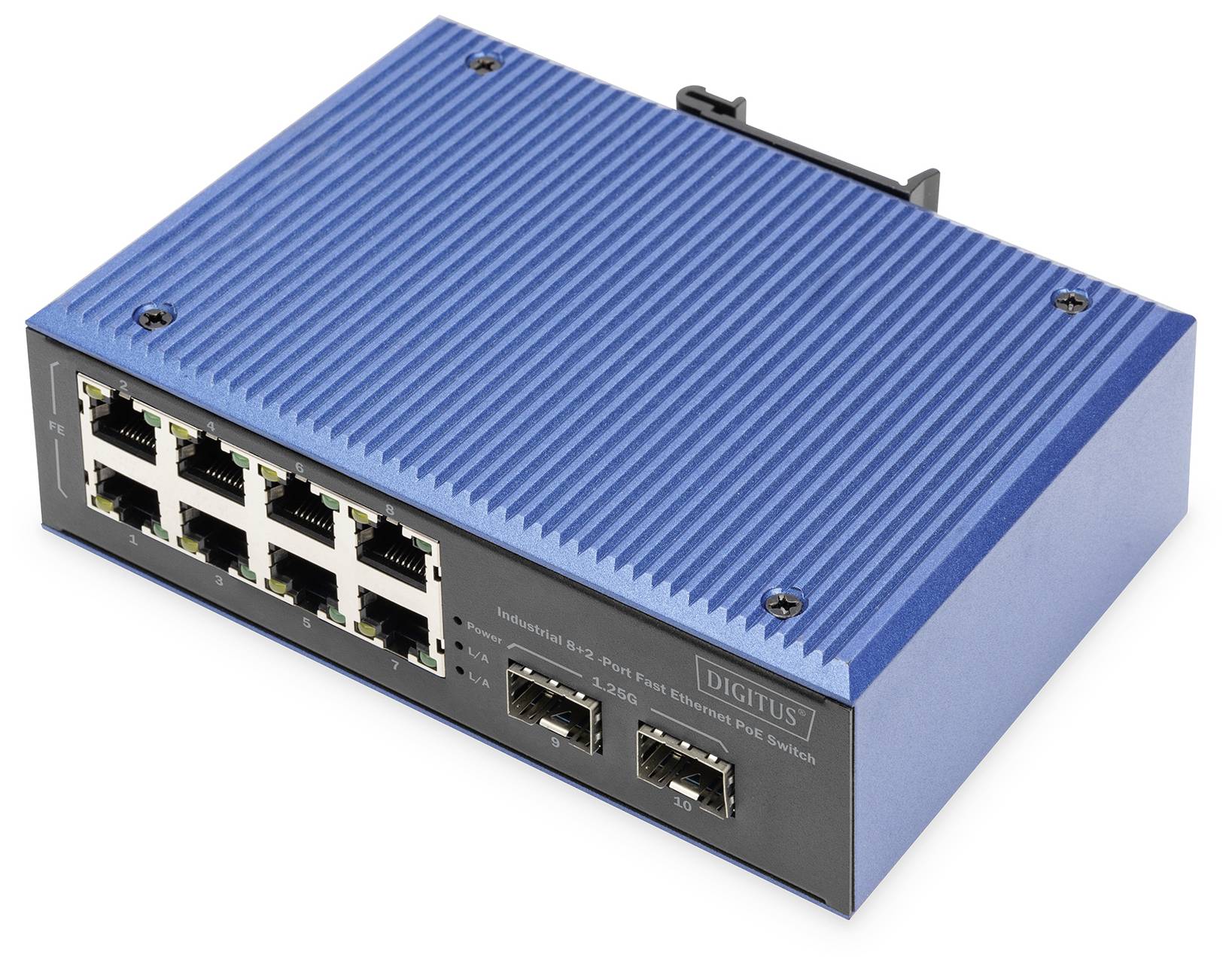 Industriële PoE-switch in een blaue behuizing met acht Ethernet-poorten en vier glasvezelpoorten, geschikt voor robuuste netwerkverbindingen.