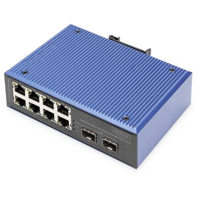 Industriële PoE-switch in een blaue behuizing met acht Ethernet-poorten en vier glasvezelpoorten, geschikt voor robuuste netwerkverbindingen.