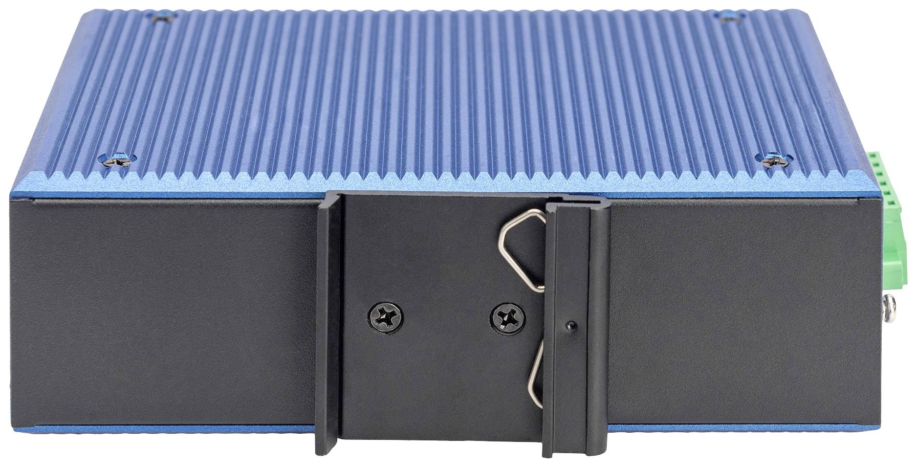 Een kleine, blauwe, geribde elektronische doos met een zwarte rand. Mogelijk een industrie- of computermodule.