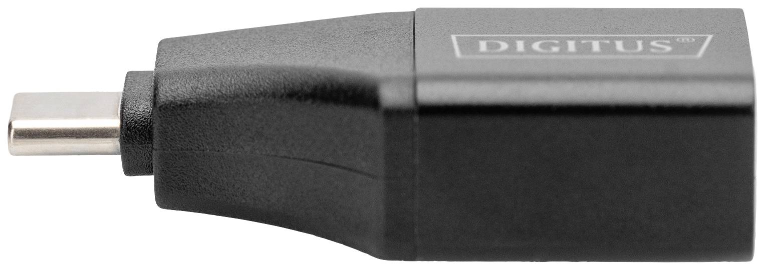 De adapter van DIGITUS met USB-C-stekker wordt weergegeven aan de zijkant. Hij heeft een zwarte, compacte vorm.