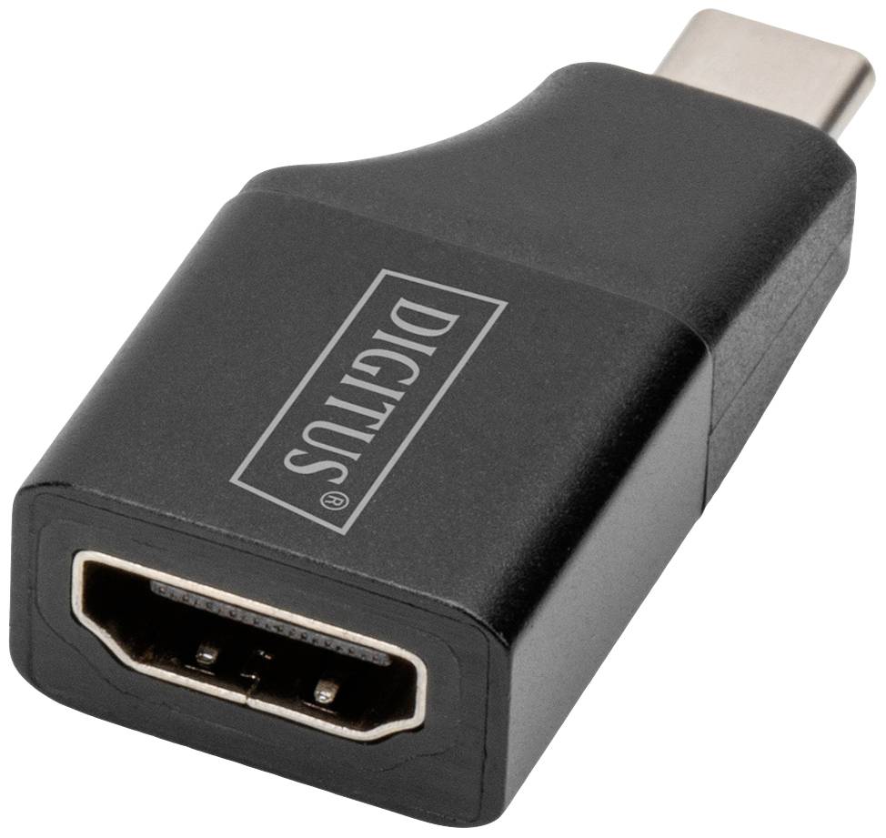 Een zwarte adapter met het opschrift 'DIGITUS', die converteert van USB-C naar HDMI. Hij wordt gebruikt om apparaten met verschillende aansluitingen met elkaar te verbinden.
