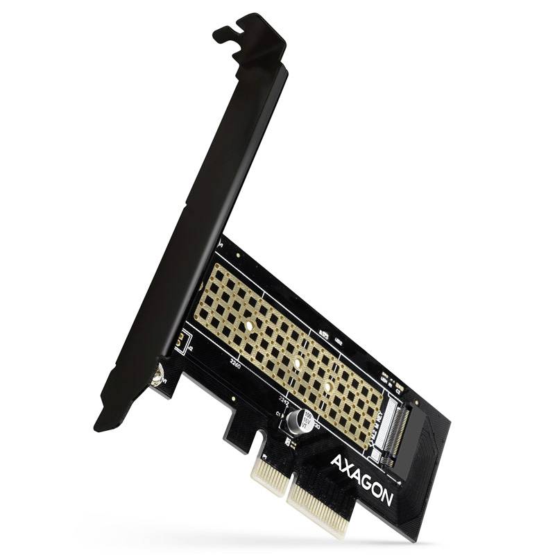 Een zwarte PCI-E-uitbreidingskaart van Axagon met een gouden rooster. Hij is geschikt voor installatie in een computerbehuizing.