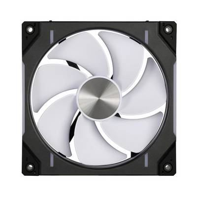 Zwarte computerventilator met witte rotorbladen, frontaal weergegeven.