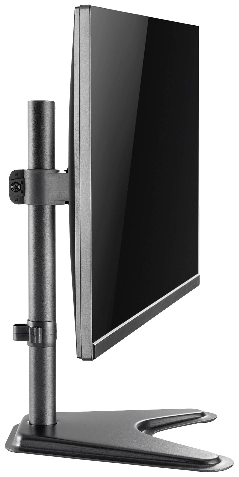 Platte LCD-monitor in staande stand op een zwarte voet. Het scherm is zijdelings gepositioneerd en toont geen scherminhoud.