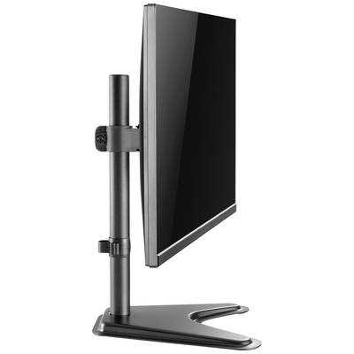 Platte LCD-monitor in staande stand op een zwarte voet. Het scherm is zijdelings gepositioneerd en toont geen scherminhoud.