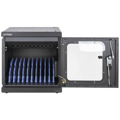 Een open laad- en opslagkast met meerdere sleuven voor tablets of laptops. Links zijn 16 verticale plaatsen zichtbaar.