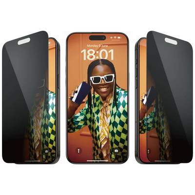 Drie smartphones met een schermfilter dat de kijkhoek beperkt. Het middelste display toont een lachende persoon met zonnebril.