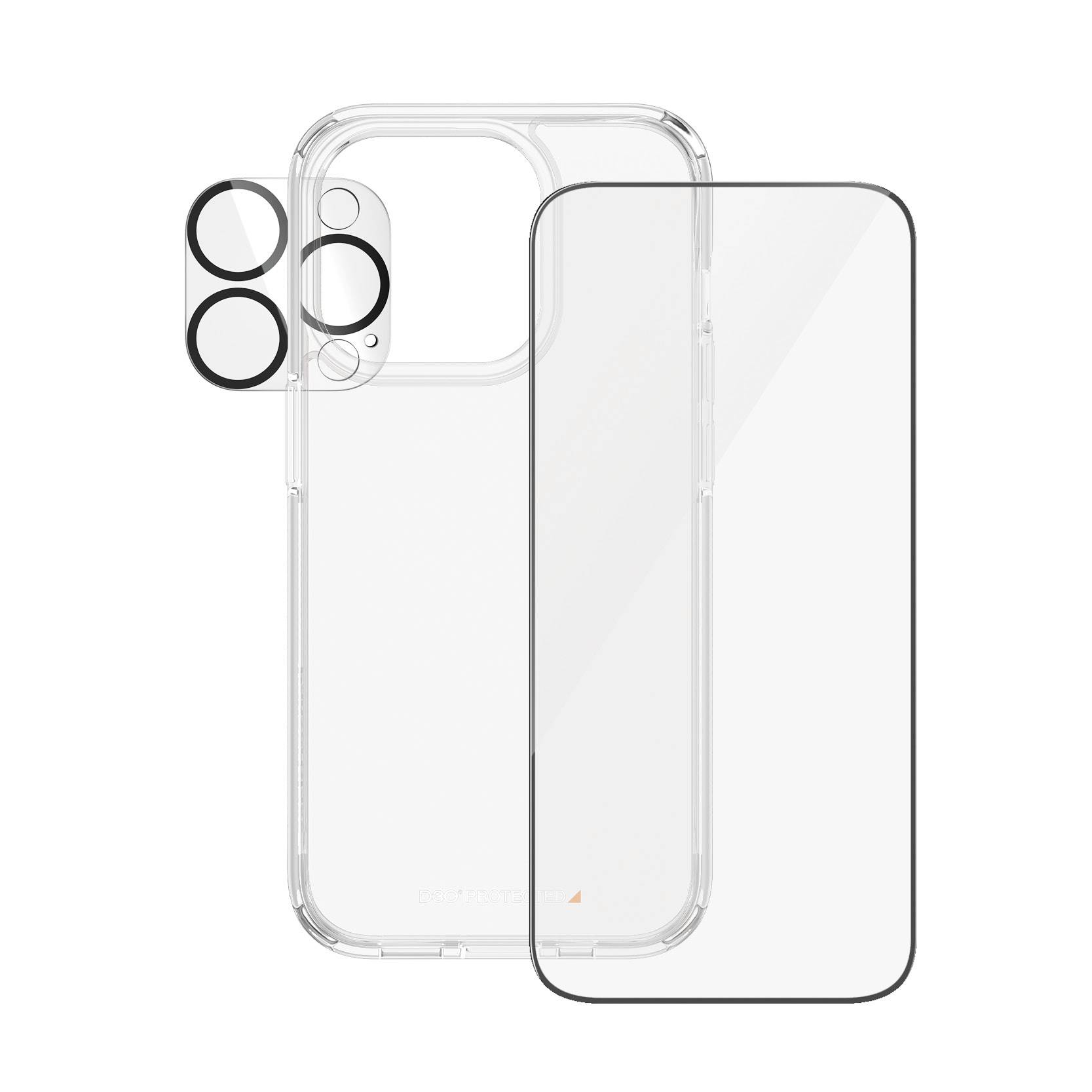 Transparante telefoonhoes met lensafdekking en schermbeschermfolie. Geschikt voor een smartphone, biedt bescherming en helderheid.