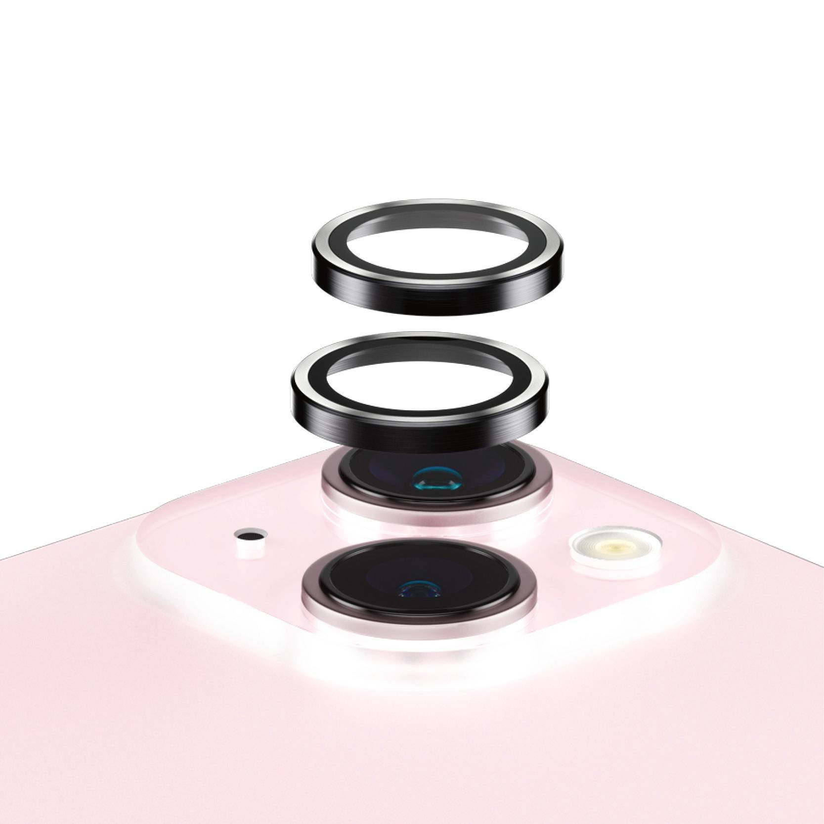 Twee cameralens in close-up: De bovenste lens zweeft boven de onderste, die is bevestigd op een roze smartphone.
