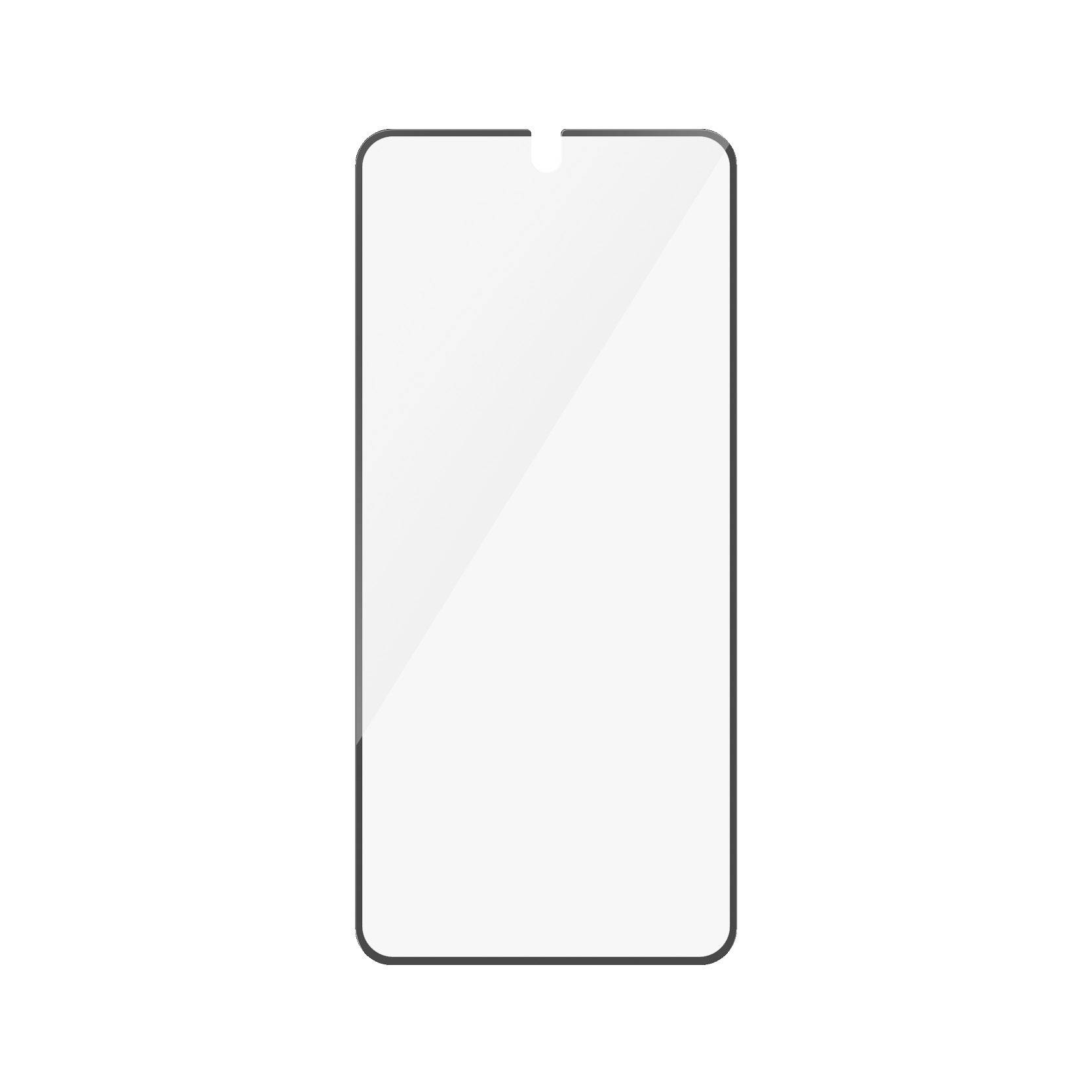 Glazen schermbeschermer voor smartphone, rechthoekig, met afgeronde hoeken en een kleine uitsparing voor de camera bovenaan.