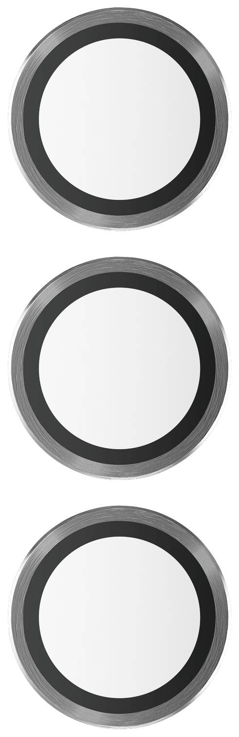 Drie rond gespiegelde oppervlakken met zwarte lijsten, op een witte achtergrond. Ze zijn even groot en gelijkmatig verdeeld.