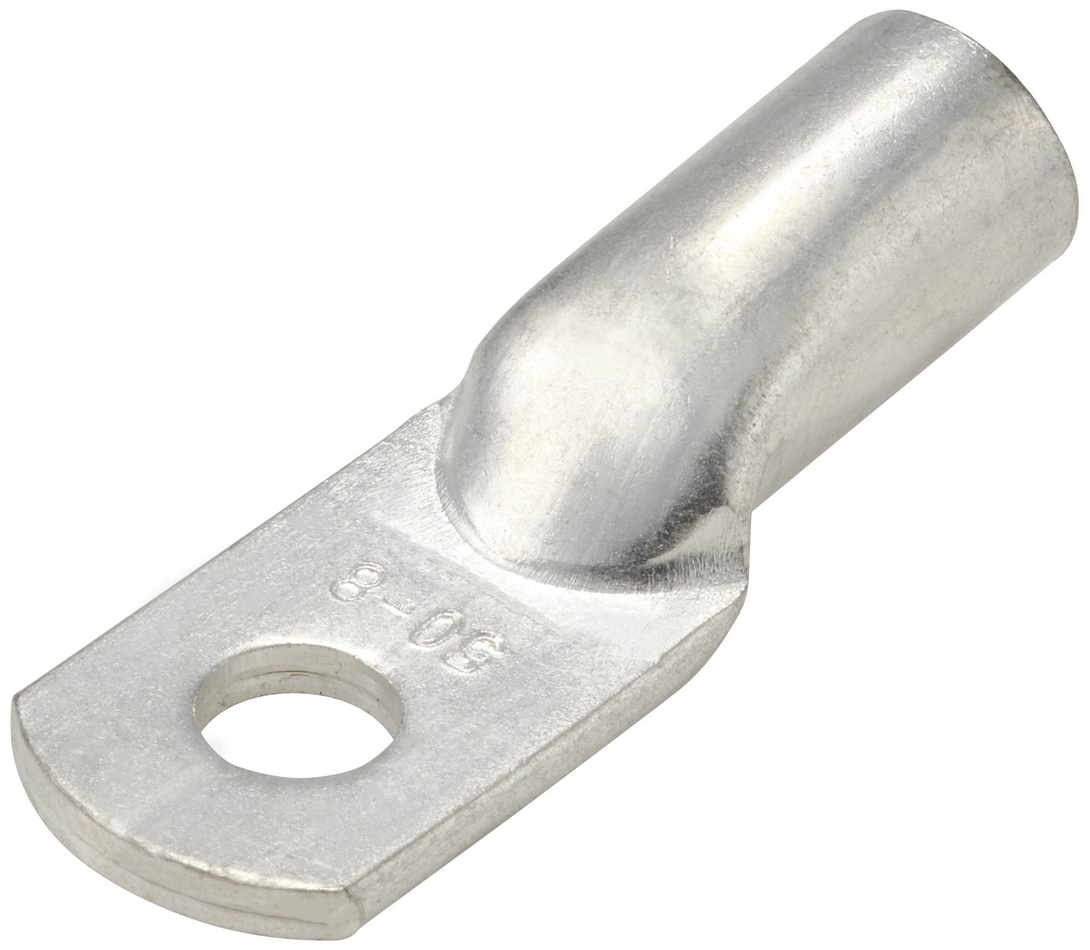 Een metalen kabelschoen met een cilindrisch uiteinde voor het opnemen van een kabel en een plat uiteinde met een gat voor bevestiging aan een schroef.