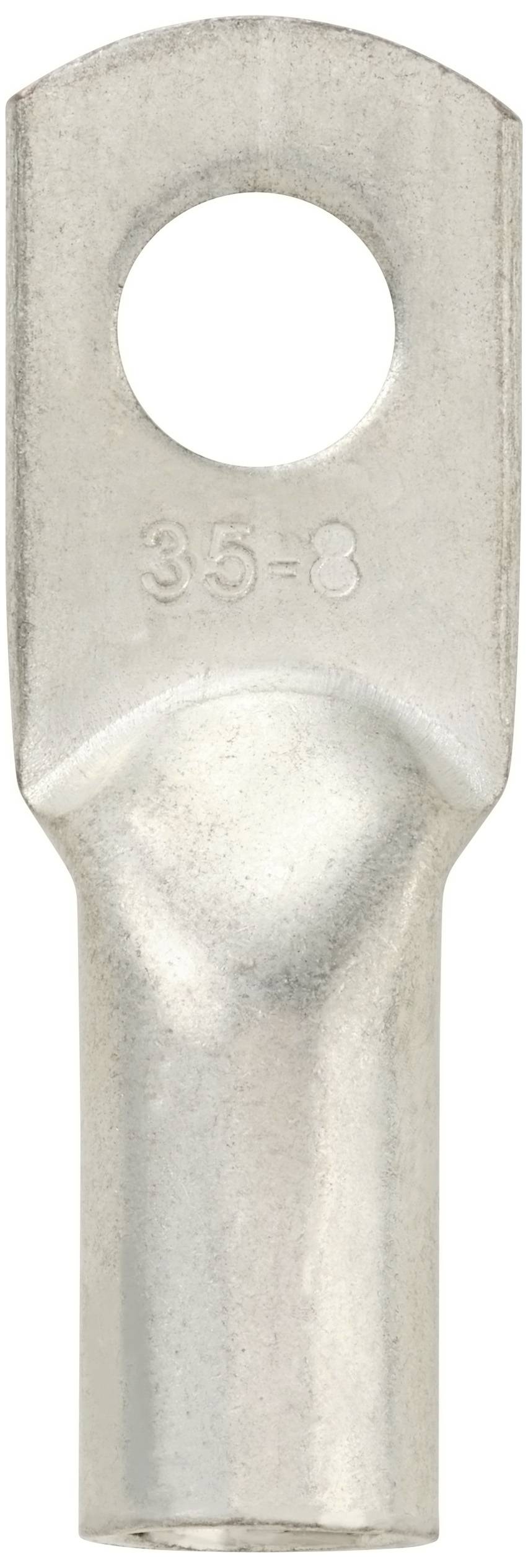 Zilveren kabelschoen met rond gat, gemarkeerd '35-8', voor elektrische verbinding door middel van schroefmontage.