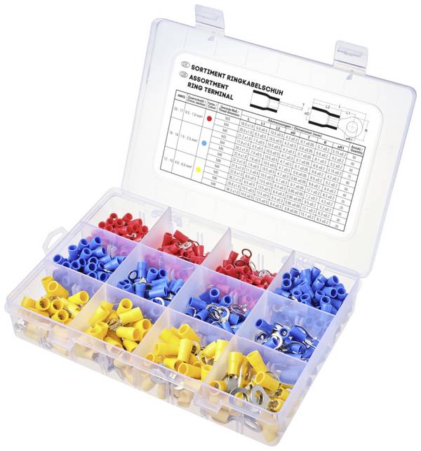 TRU COMPONENTS TC-11991832 Assortiment ringkabelschoenen Deels geïsoleerd 0.5 mm² 6 mm² Rood, Blauw, Geel 505 stuk(s)