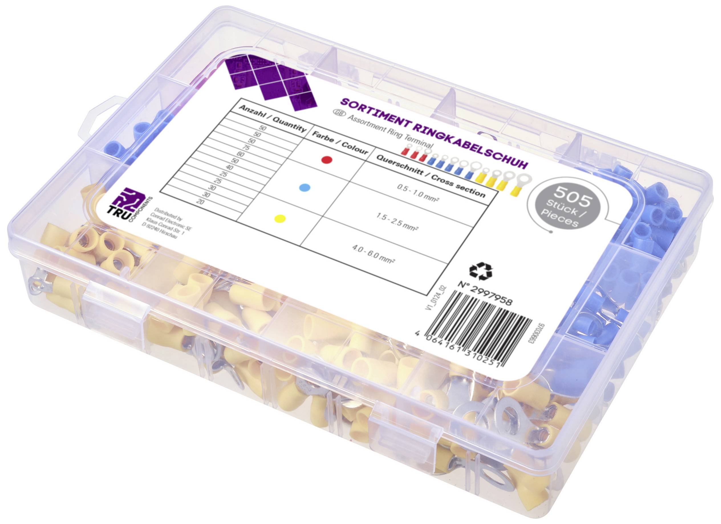 Een kunststof doos met een 505-delig assortiment ringkabelschoenen in verschillende kleuren en maten, voor elektrische verbindingen.