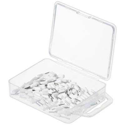 Open plastic box with many white connectors, neatly arranged.