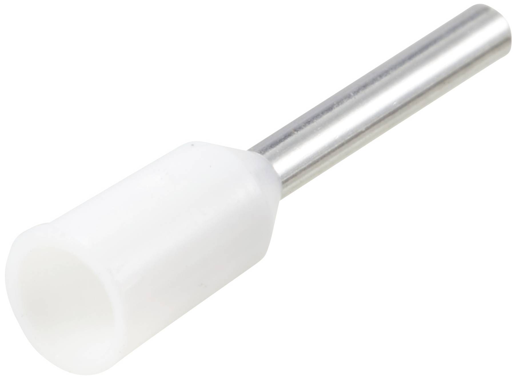Een witte adereindhuls met een metalen cilinder voor het verbinden van elektrische kabels.