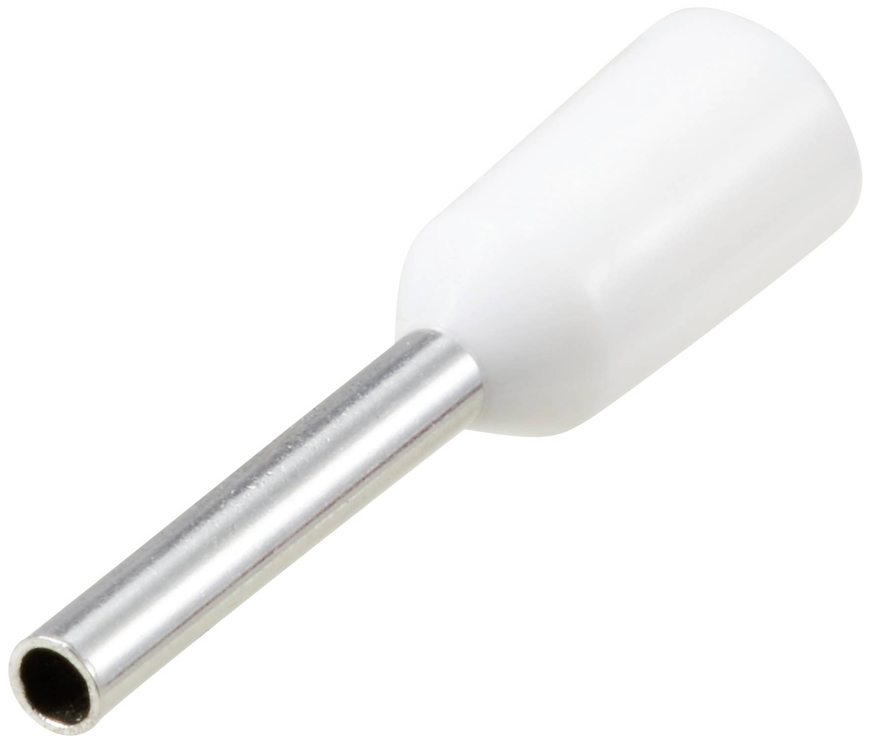 Metalen mouw met witte isolatiekraag, vaak gebruikt als adereindhuls voor elektrische geleiders.