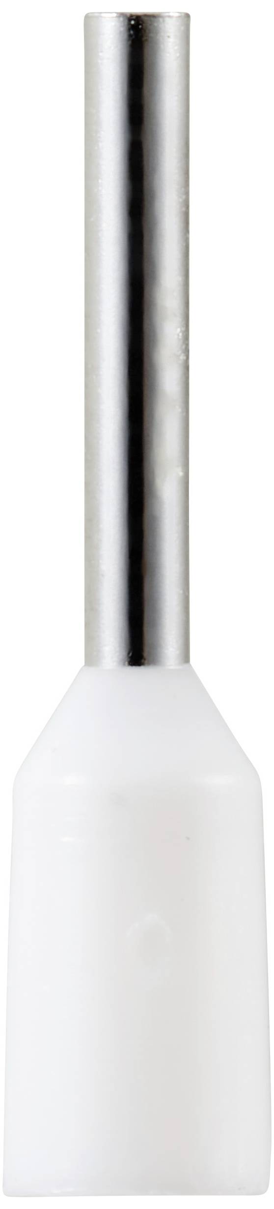 Een witte, cilindrische isolatiestop met een metalen pen bovenaan.