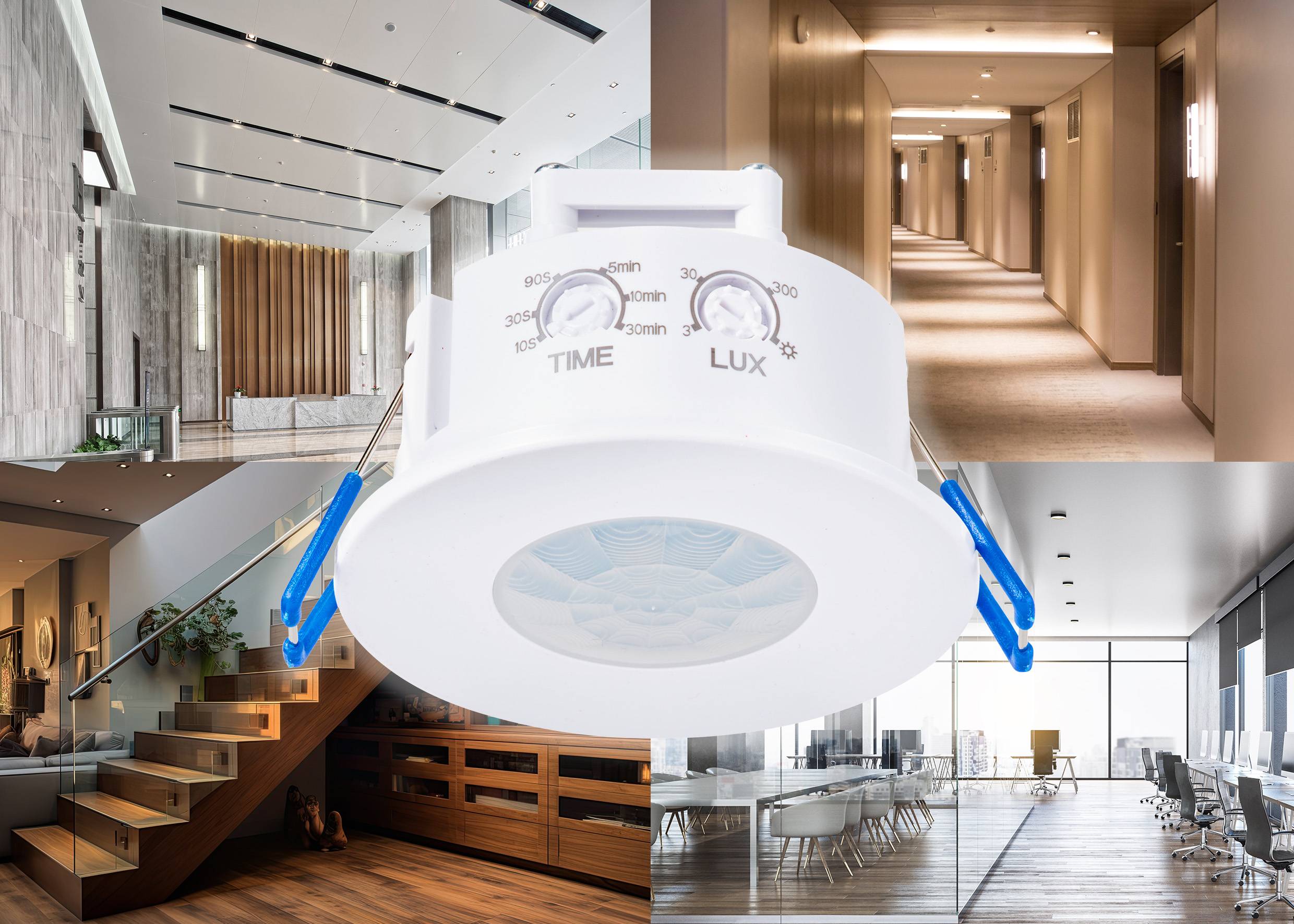 Een ronde bewegingsmelder op de voorgrond voor een collage van kantoren en gangen. Geschikt voor verschillende binnenruimtes.