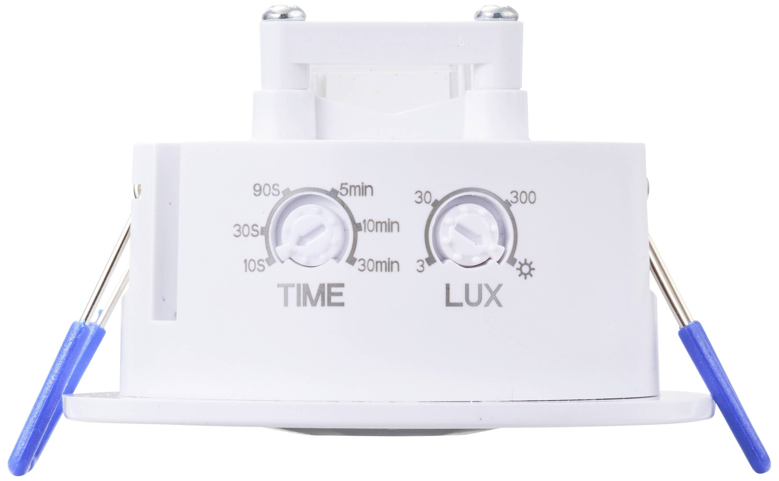 Een witte bewegingssensor met twee draaiknoppen, één voor 'TIME' (tijd) en één voor 'LUX' (helderheid), voor het aanpassen van de sensorinstellingen.