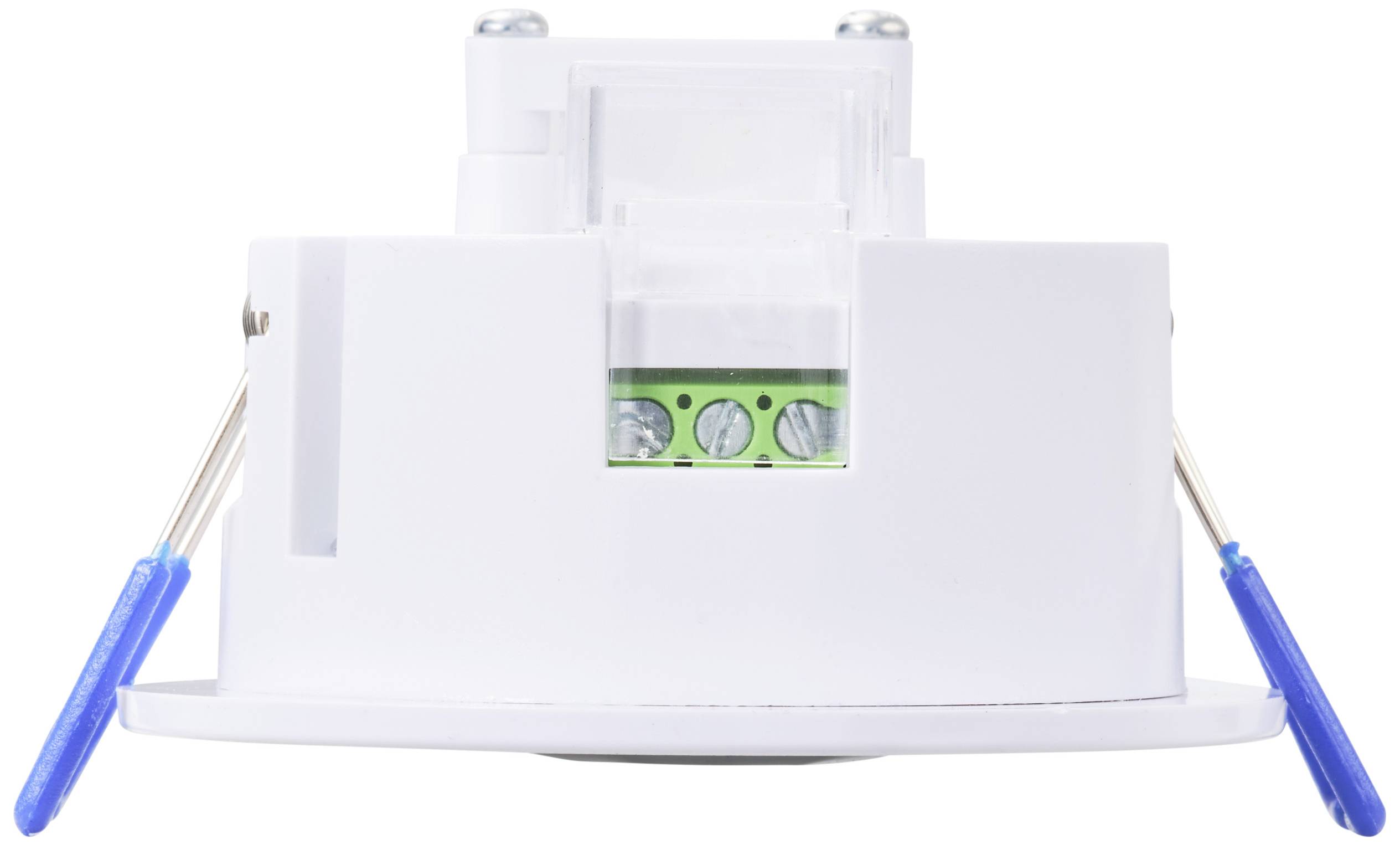 Een witte plafondluidspreker met blauwe bevestiging. De achterkant toont aansluitingen. Ideaal voor onopvallende audioinstallatie.