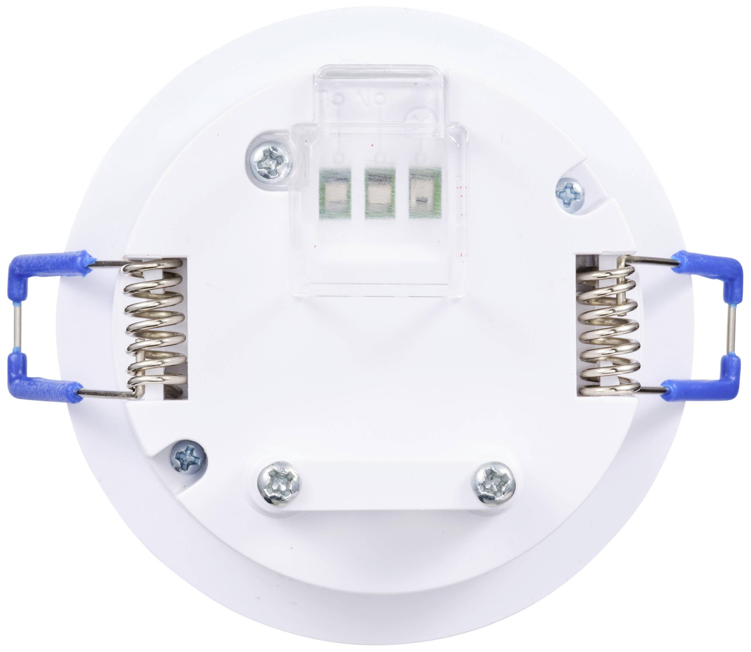 Een ronde plafondhouder met twee veren en een transparant kunststofdeel met drie elektrische aansluitingen, op een witte achtergrond.