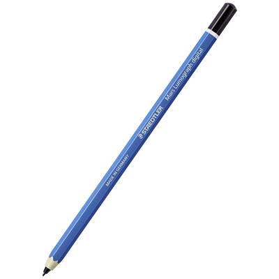 Blauwe potlood met de opdruk 'STAEDTLER Mars Lumograph digital', zwarte eindkap.