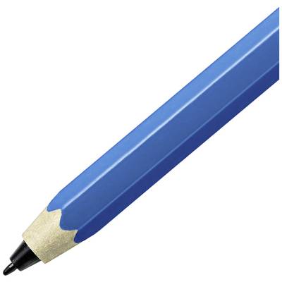 Blauwe potlood met een aangepunte, zwarte punt op een witte achtergrond.