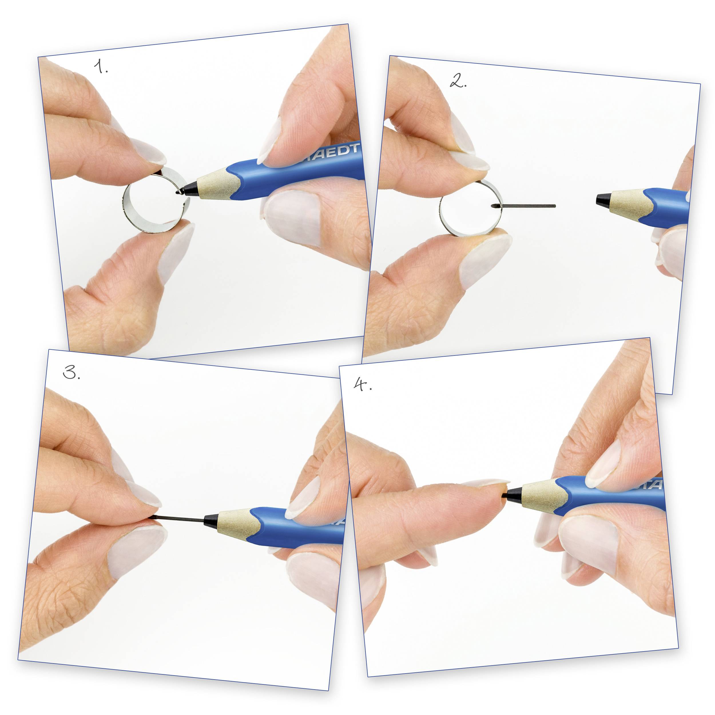 'Handleiding voor het verwisselen van potloodstiften: 1. Verwijderen 2. Lege houder 3. Nieuwe stift plaatsen 4. Stift invoegen en schrijven.'