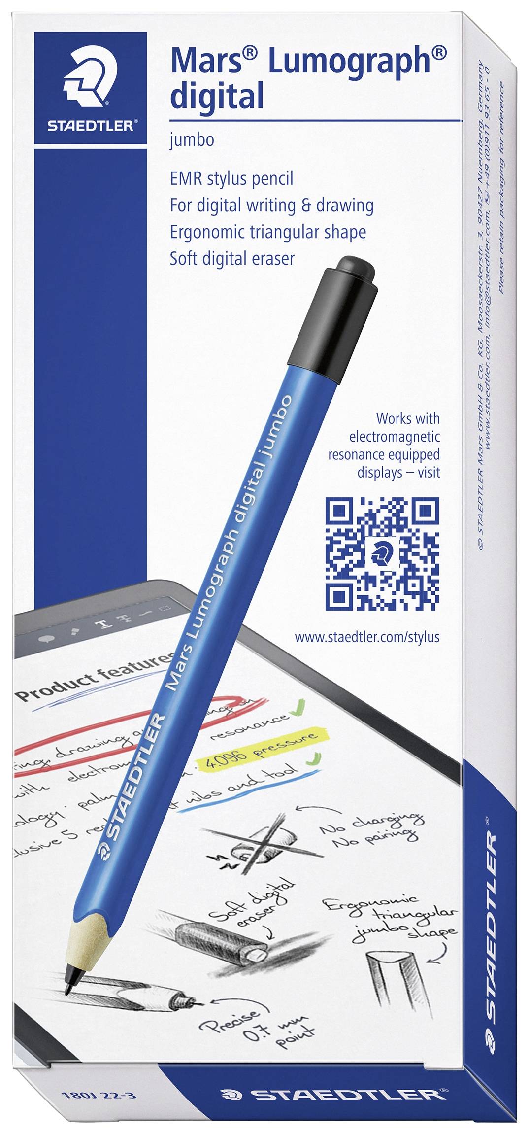 Verpakking van een digitale EMR-pen van Staedtler in blauwe kleur. Etiketten benadrukken het ergonomische ontwerp en de digitale functies.