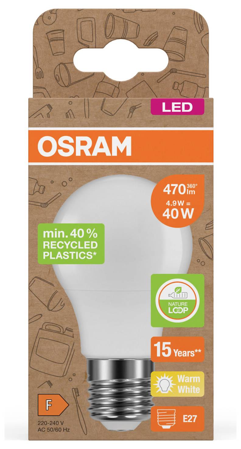 OSRAM LED-gloeilamp, 40W equivalent, warm wit, E27-fitting, min. 40% gerecycled kunststof, levensduur 15 jaar.